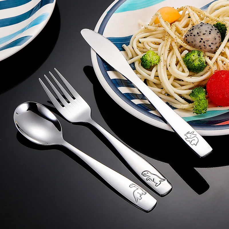304 Stainless Steel Children's Tableware Set with Pieces Featuring Dinosaur Patterns, Affordable Including Knives Forks Spoons