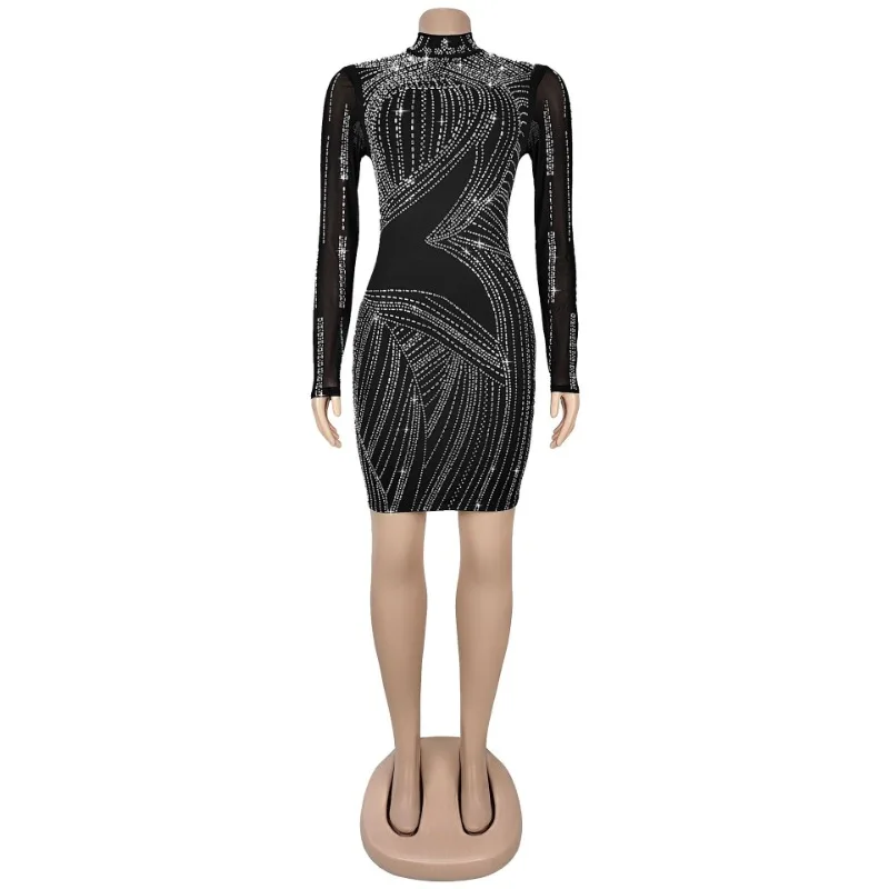 Sukienka mini bodycon z siateczki z naszywkami z diamentów, seksowna sukienka imprezowa damska z golfem, długim rękawem, obcisła, klubowa, modna, na urodziny.