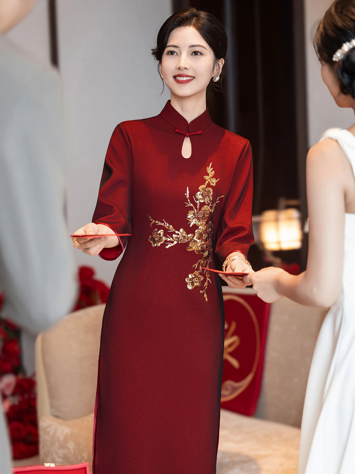 

Wedding Dr Two-Piece Set Ele Mommy Wedding Gown Autumn Winter Women's Faion Retro Sle Pure Color Mid-Length Skirt