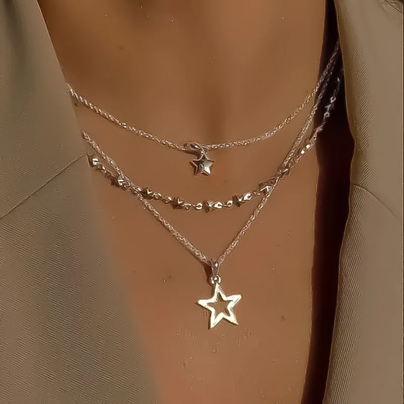 Fashion Gold Color Hollow Star Pendant Necklace Set for Women Simple Vintage Punk Clavicle Chain Necklace 2024 New Gifts Jewelry