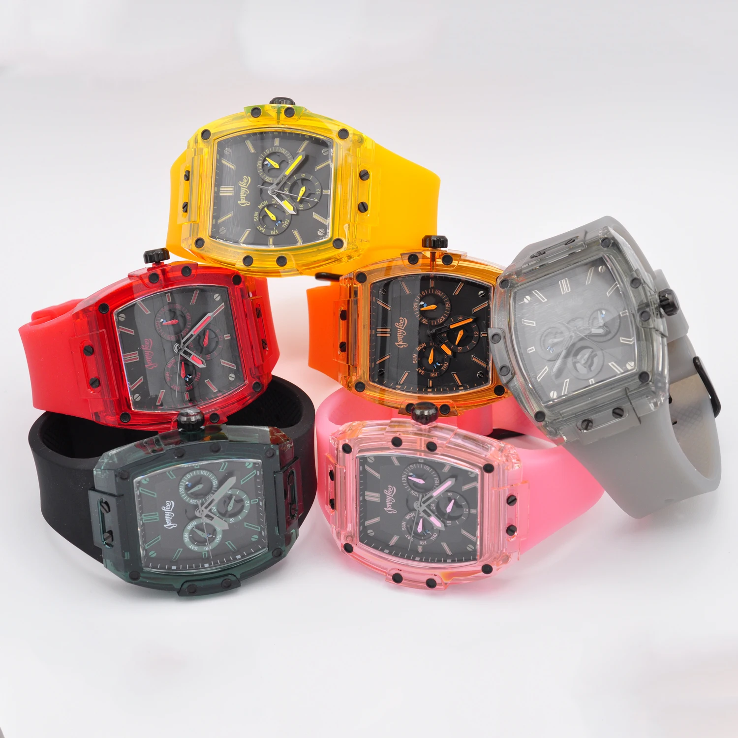

Мужские модные спортивные часы 2026 года с оранжевым силиконовым ремешком, шестистрелочные, с прозрачным корпусом в форме бочонка, в том же стиле, что и брендовые наручные часы