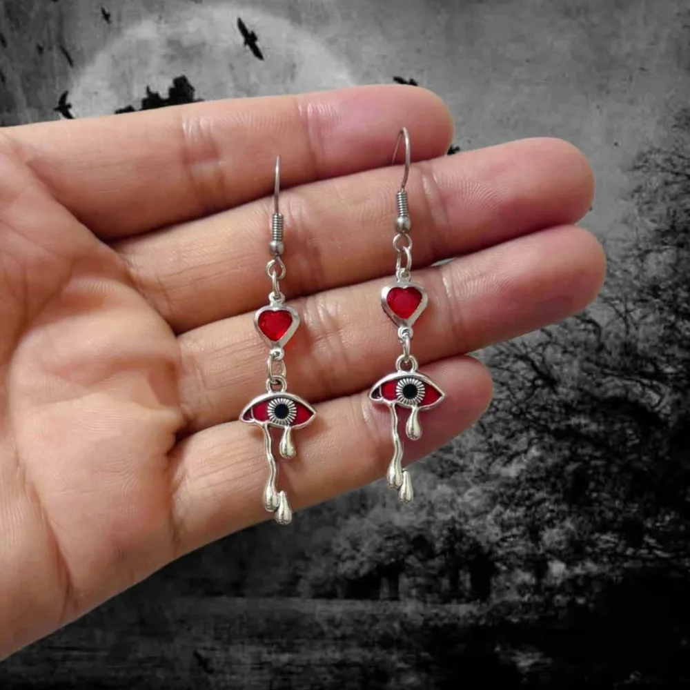 Gothic Darkly Magic Ghost Red Eye Heart-shaped Dangle Earrings for Woman Halloween Original Design Jewelry Accessories Colorfast