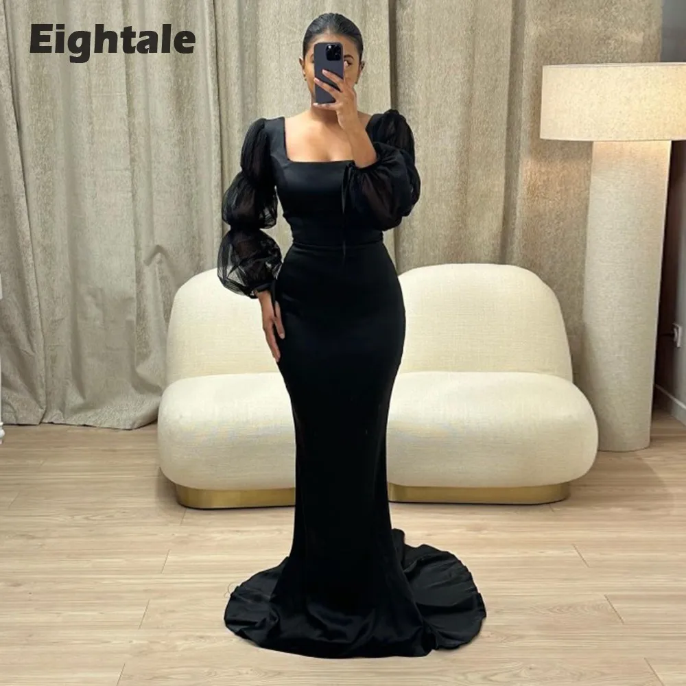 

Eightale Black Evening Dress Mermaid Scoop Long Sleeves Simple Satin Elegant Prom Gown Wedding Party Gown abiye elbise kadin