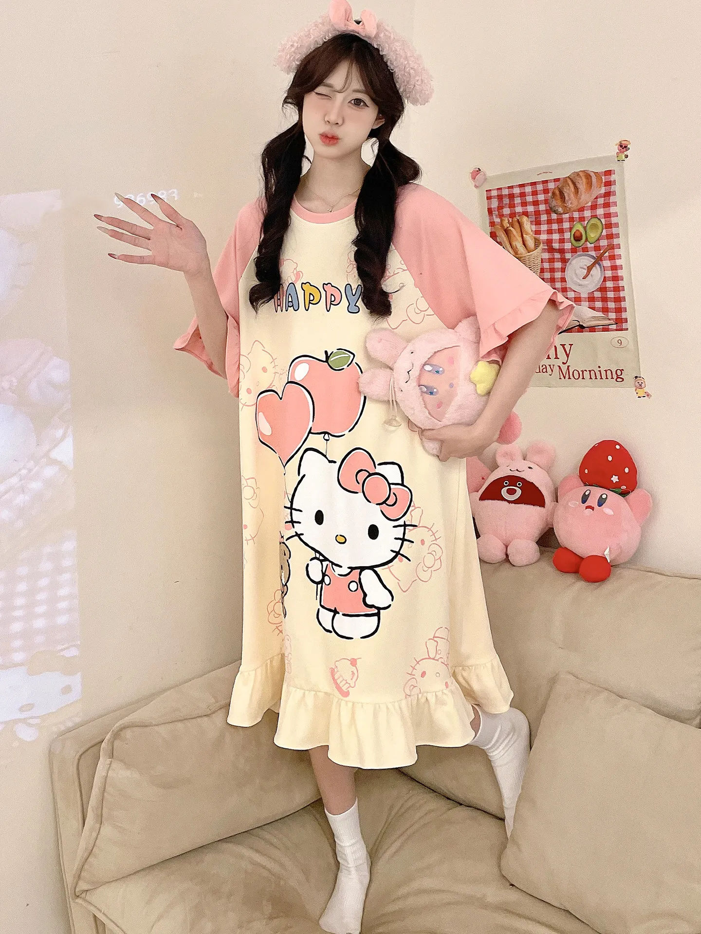 

Sanrio Pure Cotton Nightgown Women's Summer Short Sleeved Hello Kitty Cute Loose Home Clothes