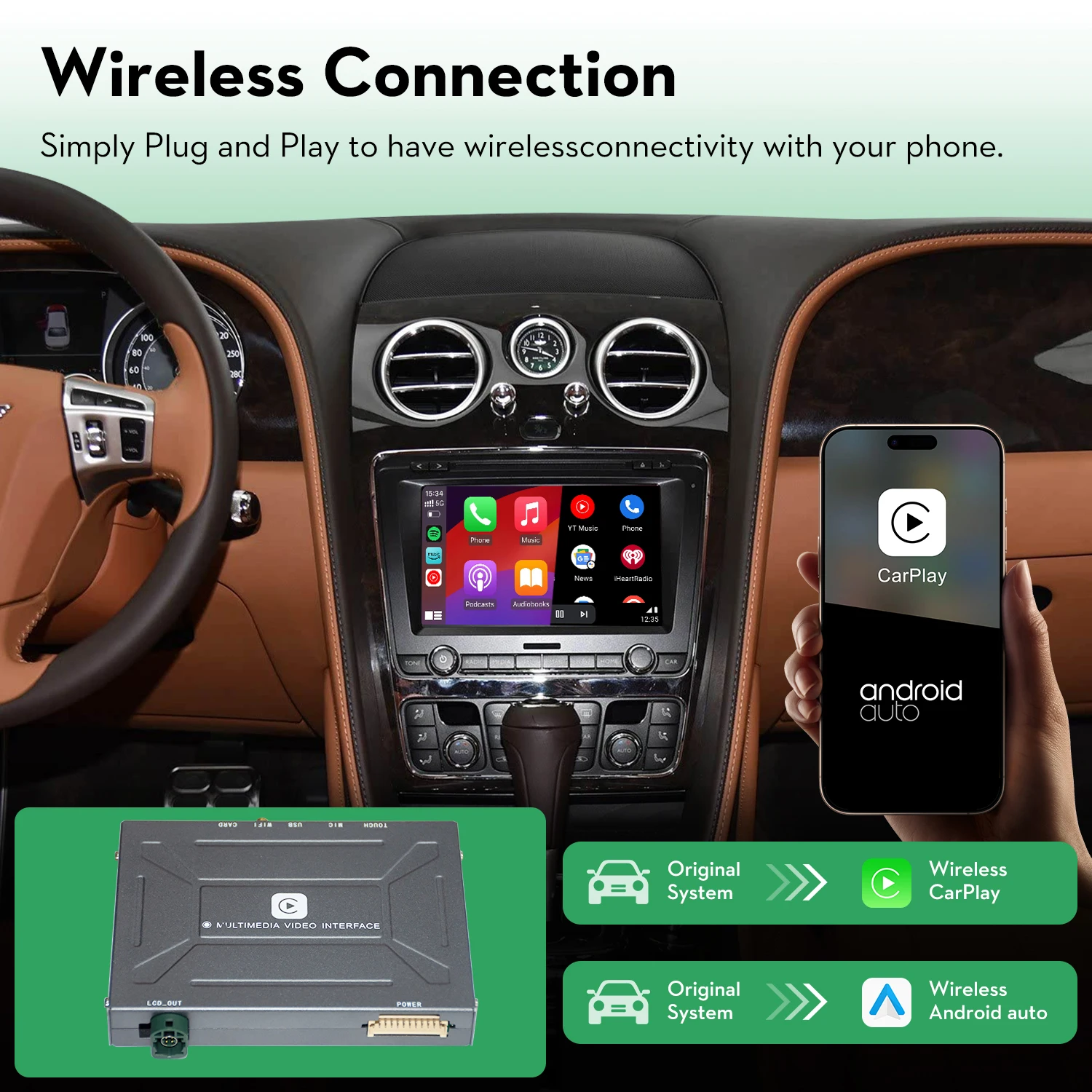 YolanAuto Wireless CarPlay Android Auto Interface Retrofit Kit for Bentley Flying Spur Continental 2012-2017 Mirroring AirPlay