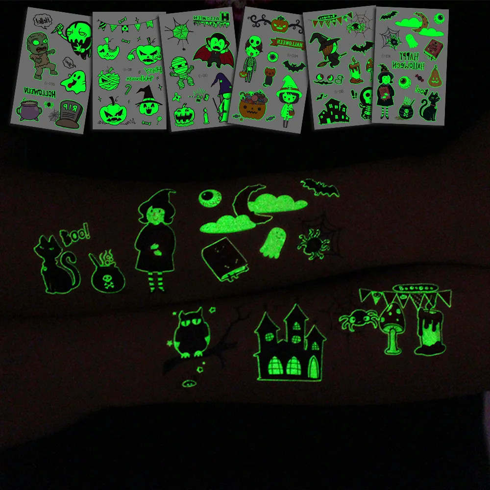 24 Blatt Leuchtende Halloween-Tattoos, Glow-in-the-Dark-Motive mit Kürbissen, Geistern und Spinnen, Halloween-Party-Zubehör – Detail 3
