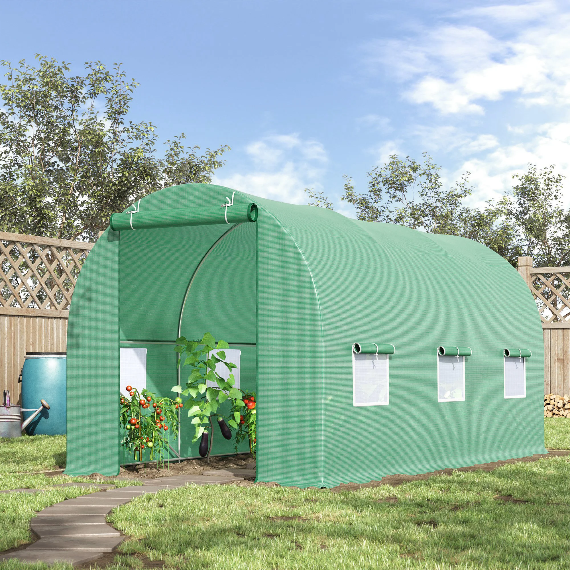 Walk-In Tunnel-Style Green House W/ Roll-Up Front Entrance & Six Side Windows