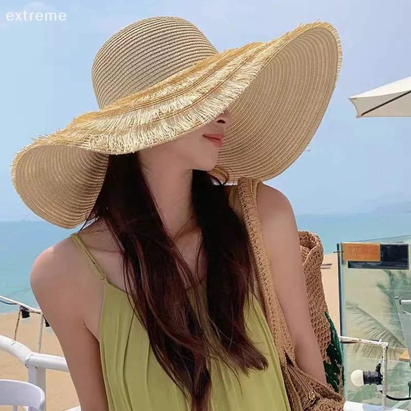 Durable Summer Beach Sunshade Straw Hat Women's Beach Vacation Sunscreen Hat Beach Big Brim Straw Knitted Hat