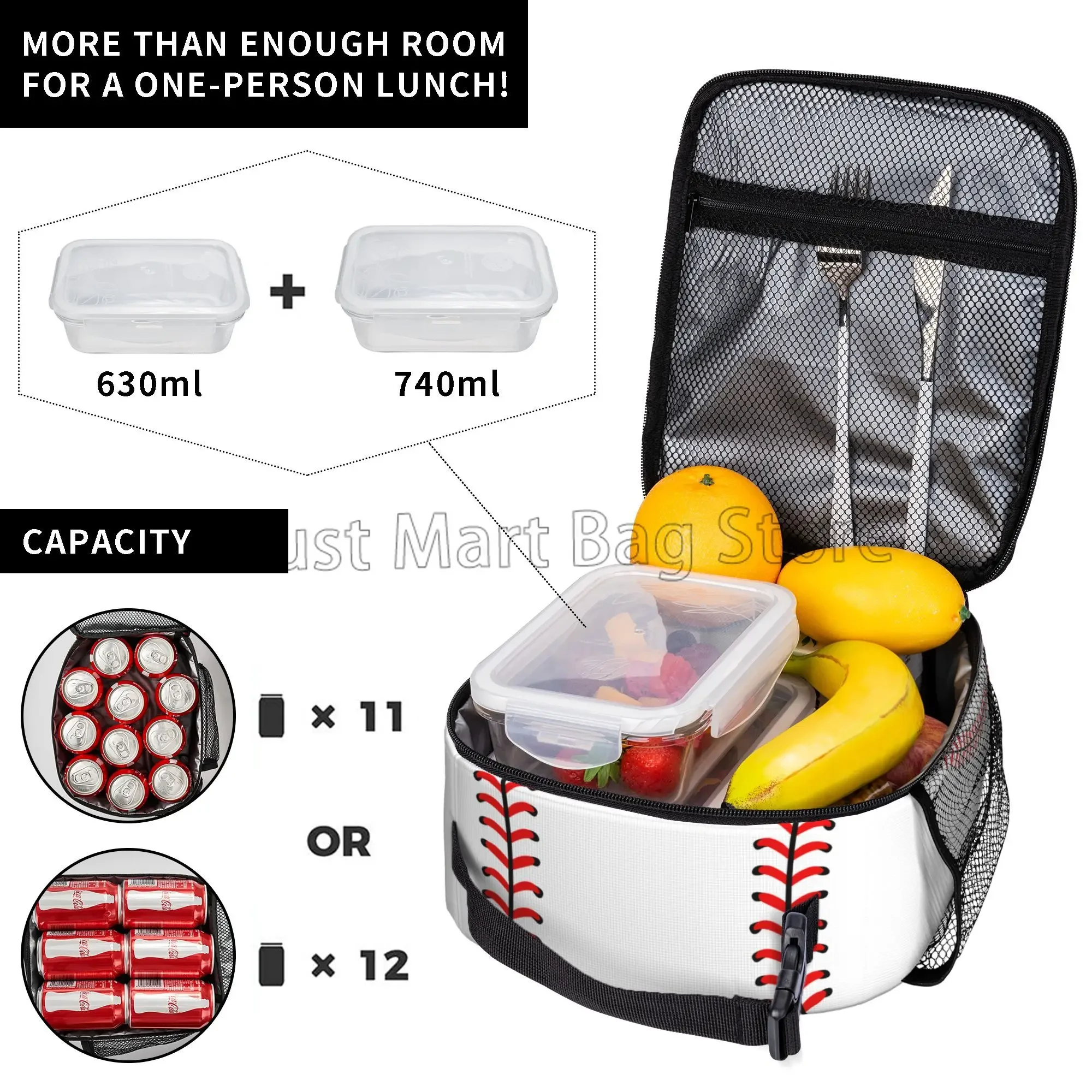 Red Stitching Baseball Sport Insulated Lunch Bag Reusable Thermal Lunch Box Portable Cooler Bento Tote Bags for Women Men Kids