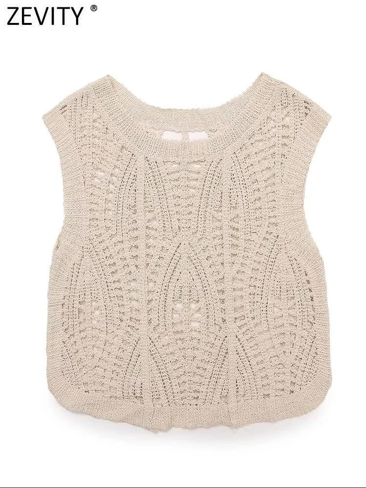 Zevity Women Sexy Sleeveless Hollow Out Crochet Knitting Vest Lady Chic O Neck Short Camis Tank Y2K Crop T-Shirt Tops LS6258