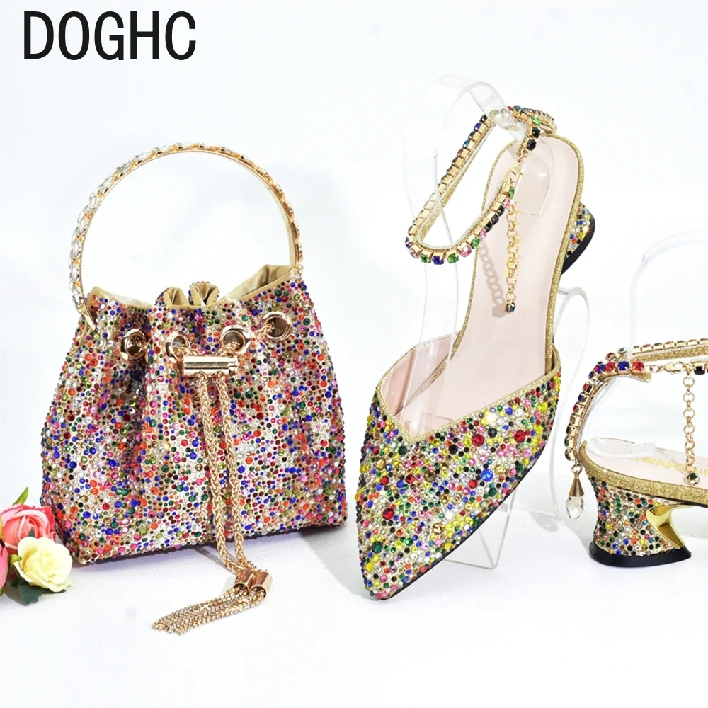 Fashion Trend Pointed Shallow Heels Wear Comfortable Exquisite Elegant Women's Shoes and Bag Set Decorated with Rhinestone