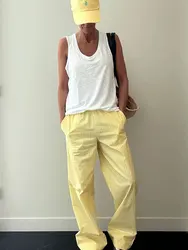 HH 2024 Stylish Summer Women's Yellow Striped Straight Long Pants Versatile High Waist Drawstring Cozy Loose Casual Trousers