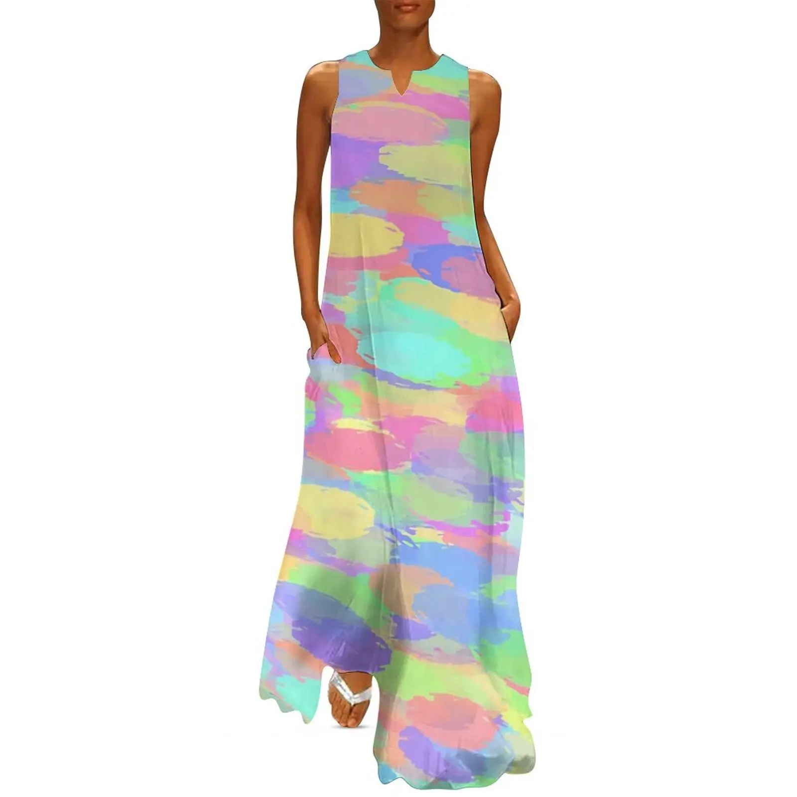 

Colorful Brush Dress Summer Rainbow Paint Street Fashion Casual Long Dresses Female Printed Modern Maxi Dress Big Size 5XL