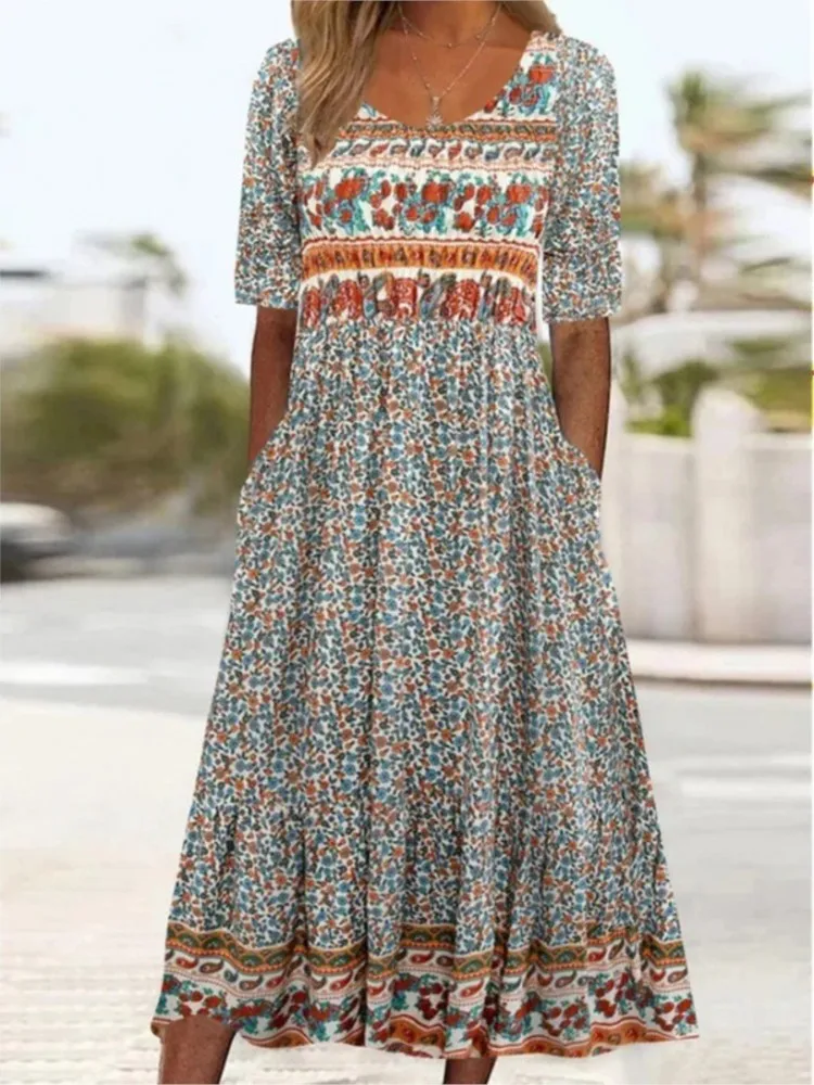 

Elegant Bohemian Print Dresses Women Short Sleeve Pleated Large Hem Dress Summer Casual Holiday Female High Waist Long Gown