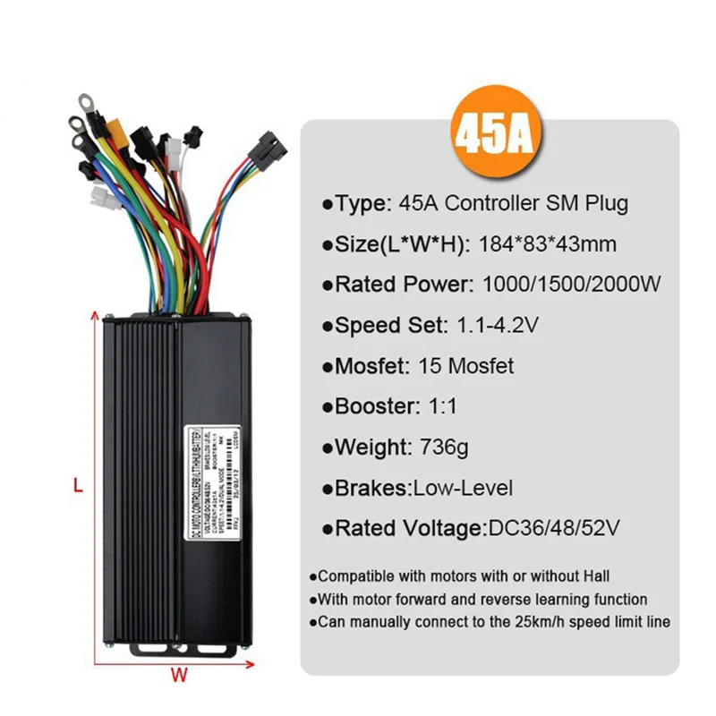 B48B-Ebike E-سكوتر متوافق 36/48 فولت 52 فولت 45A 1000/1500/2000 واط ثلاثة وضع موجة جيبية فرش تحكم للدراجات الكهربائية #6