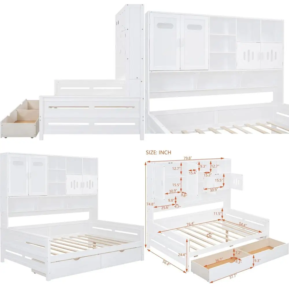 

Полноразмерная кровать-трансформер с книжным шкафом и письменным столом, универсальное решение для хранения вещей для детей и подростков, белый цвет