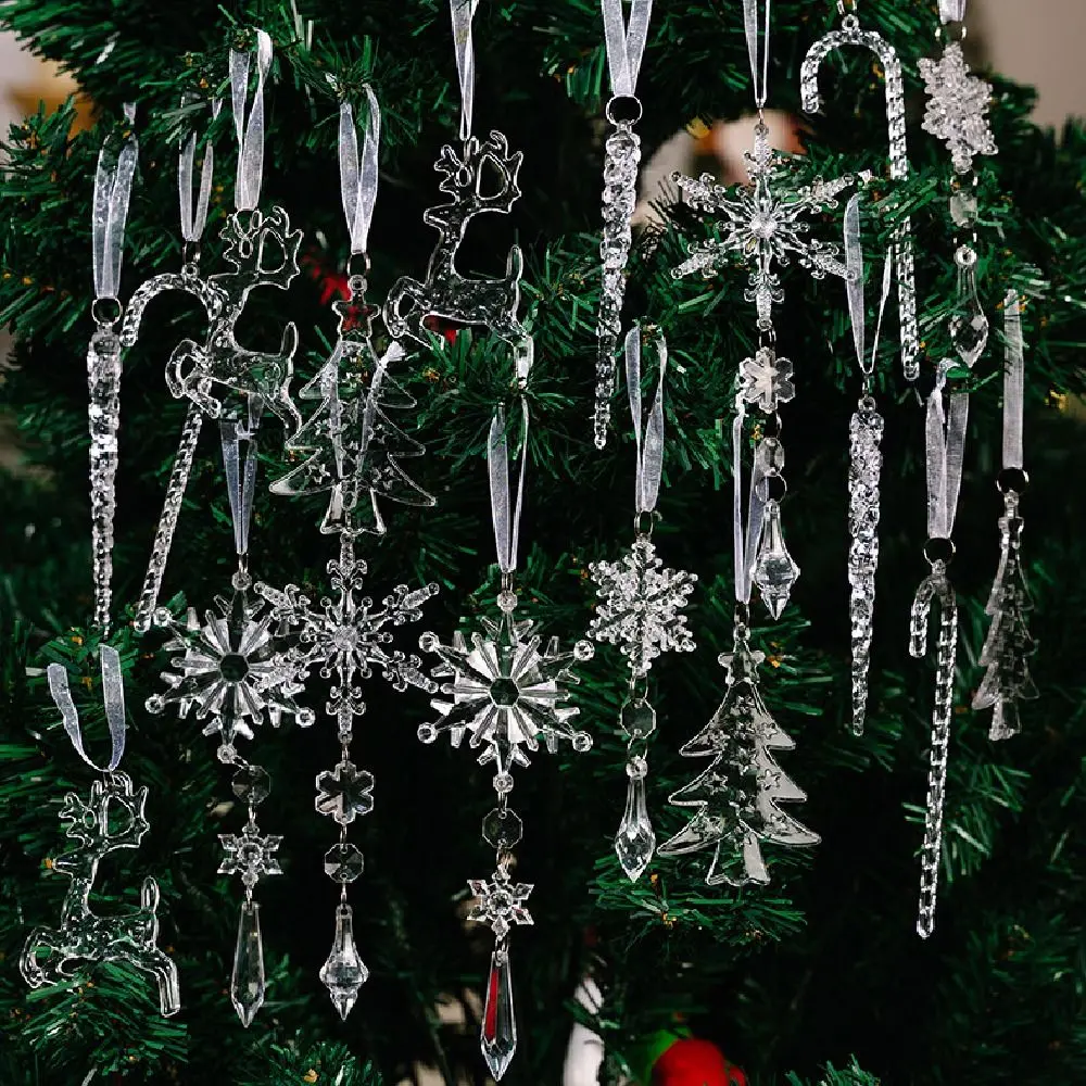 

18Pcs Simulation Snowflake Ice Strip Pendants Transparent DIY Christmas Snowflake Icicle Pendants Decorative with Ribbons