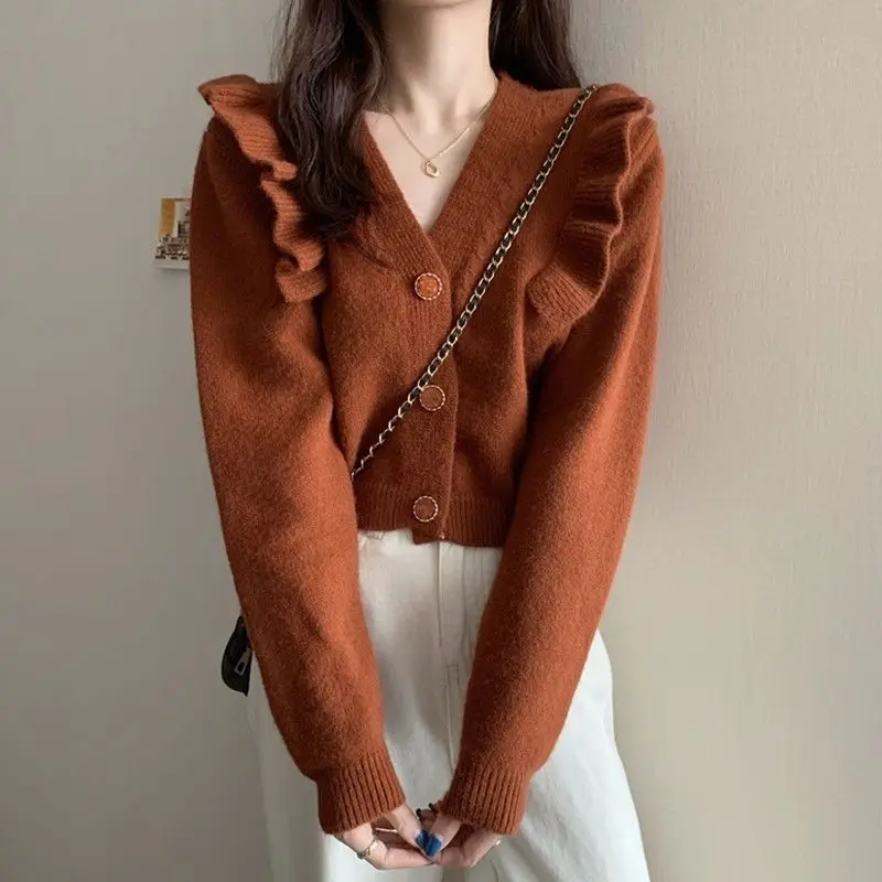 

Spring Autumn Womens Solid V-neck Knitted Cardigan Short Sweater