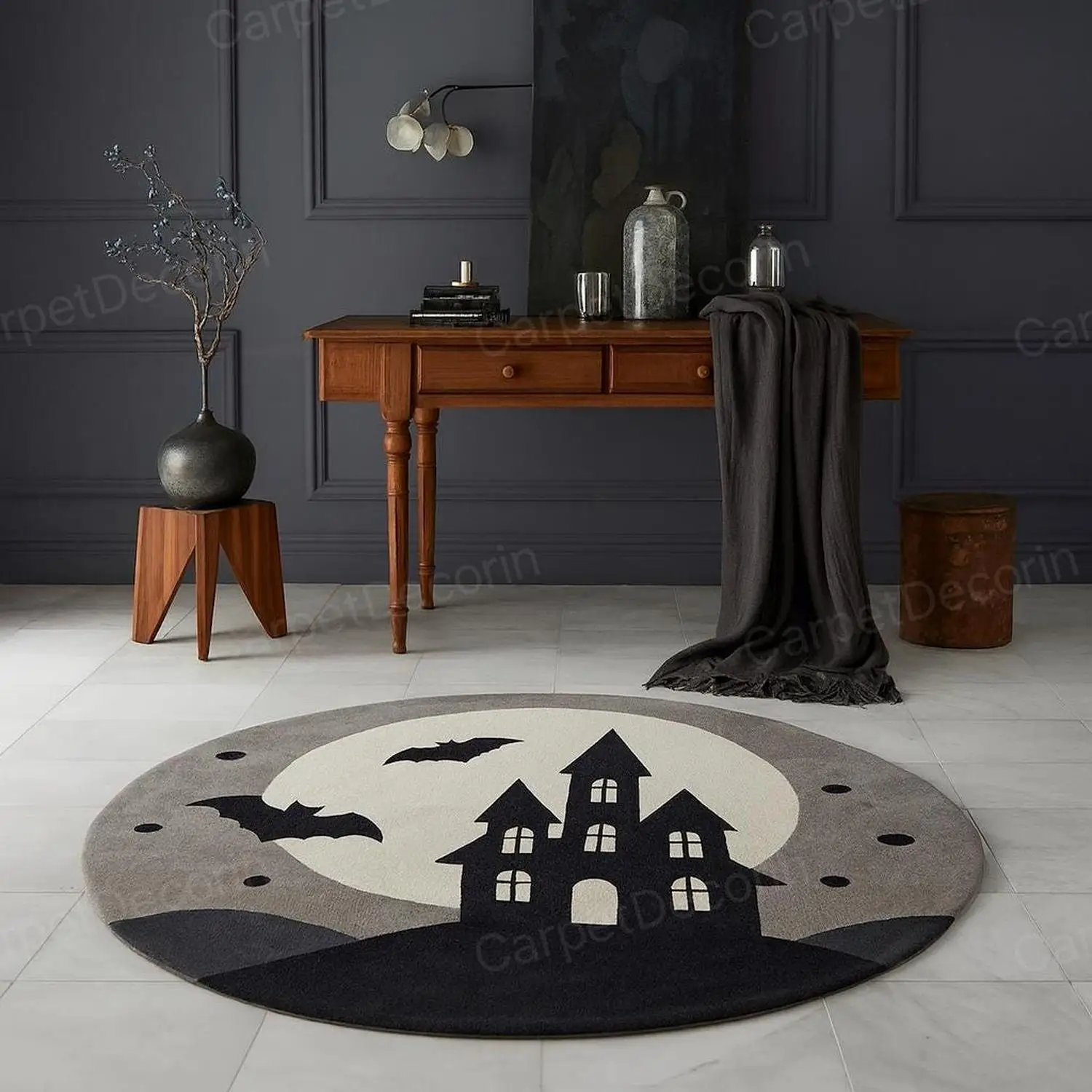 【Room Decoration Carpet】Round Carpet, Haunted House and Moon Pattern, Black and Gray, Soft and Comfortable, Halloween Decoration, Suitable for Living Room, Bedroom, Entryway