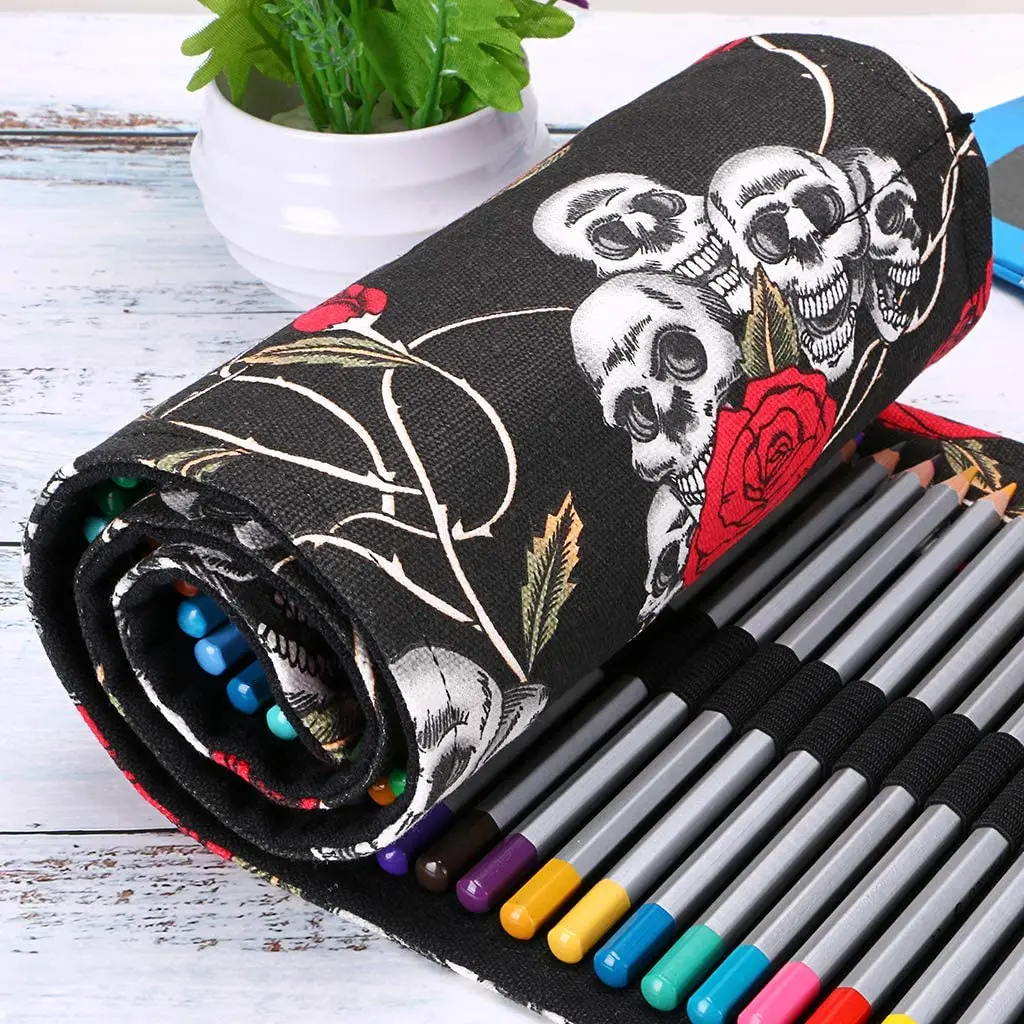 

Canvas Colored Pencil Roll Wrap 72 Slot-Adult Coloring Pencil Holder Organizer for 72 Colored Pencils, NO Pencils Skull