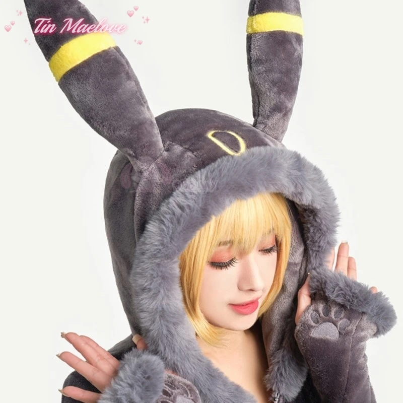 Anime Umbreon przebranie na karnawał kobiety Sexy flanelowy body z kapturem garnitur kostium króliczka Kawaii pluszowy mundur piżamy kombinezony kreskówka