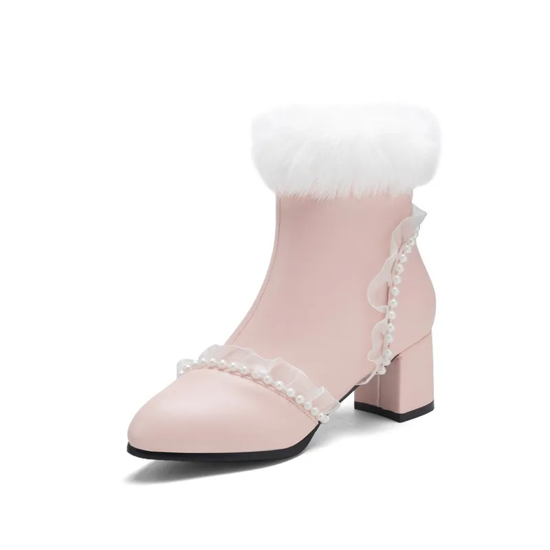 Ruffle Faux Fur Trim Boots Beaded Block High Heel Lolita Ankle Boots Women Extended Sizes EU34-EU43 Kawaii Fashion Footw