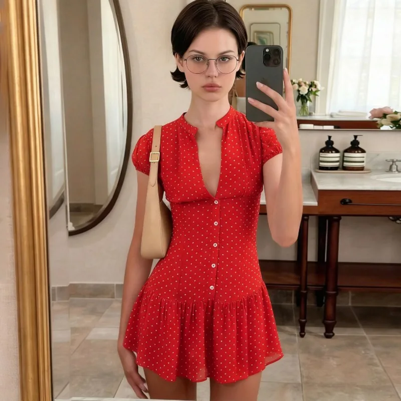 

Talenza Red Polka Dot Dress Women's Sexy V-Neck Bodycon Ruched Patchwork Elegant Summer Party Vintage New Women's Casual Dress