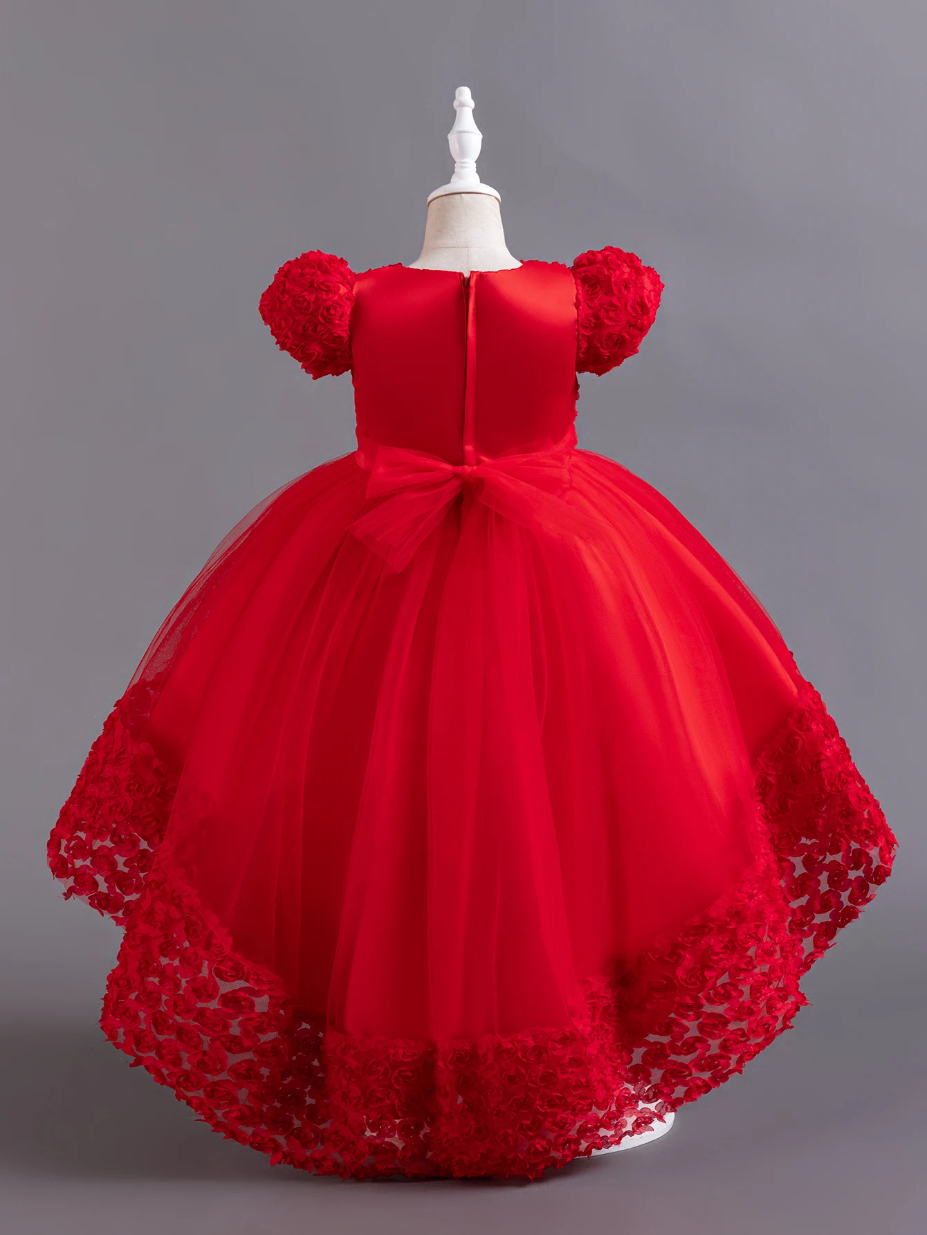 Red European style flower girl wedding dress for 3 to 12 Year Kids Tail Birthday Party Dress Short sleeved child ball dress