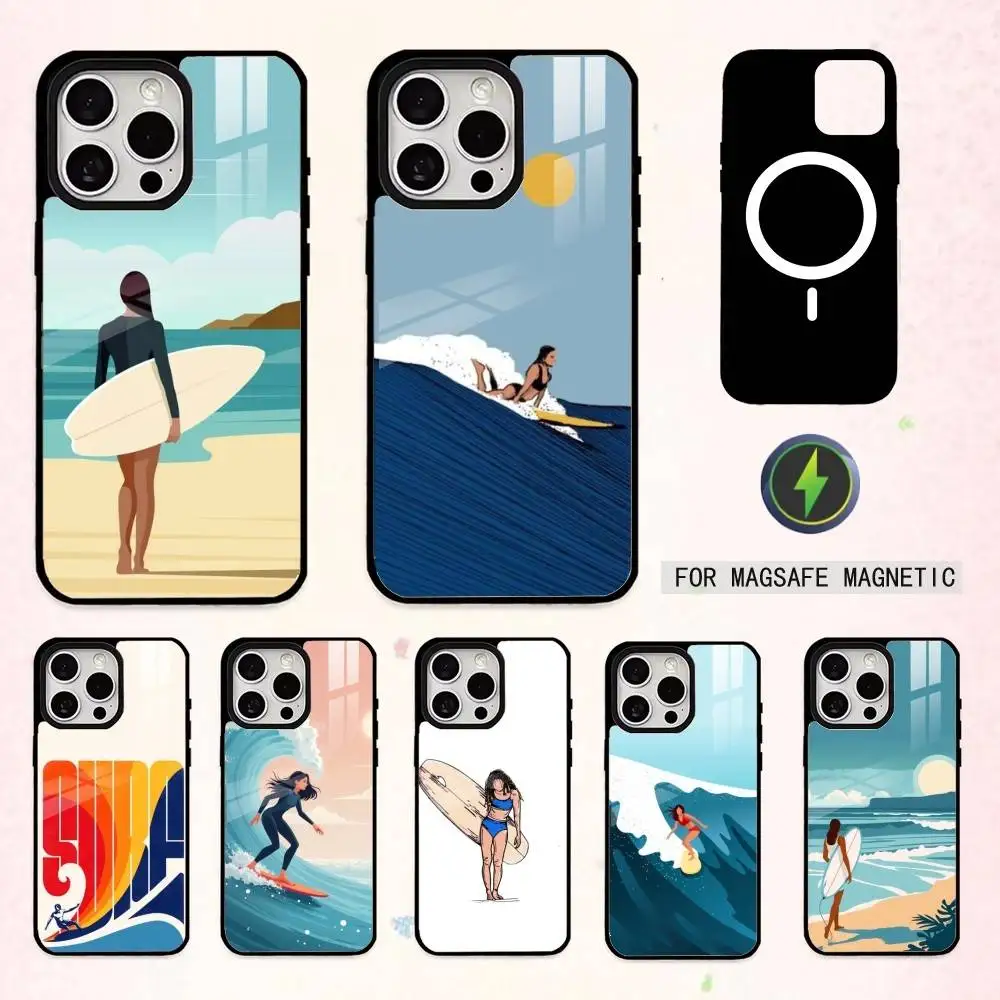 

Surfboard Surfing Art S-Surf Girl Phone Case For iPhone17,16,15,14,13,12,11 Plus,Pro Max Magnetic For Magsafe Wireless Charging