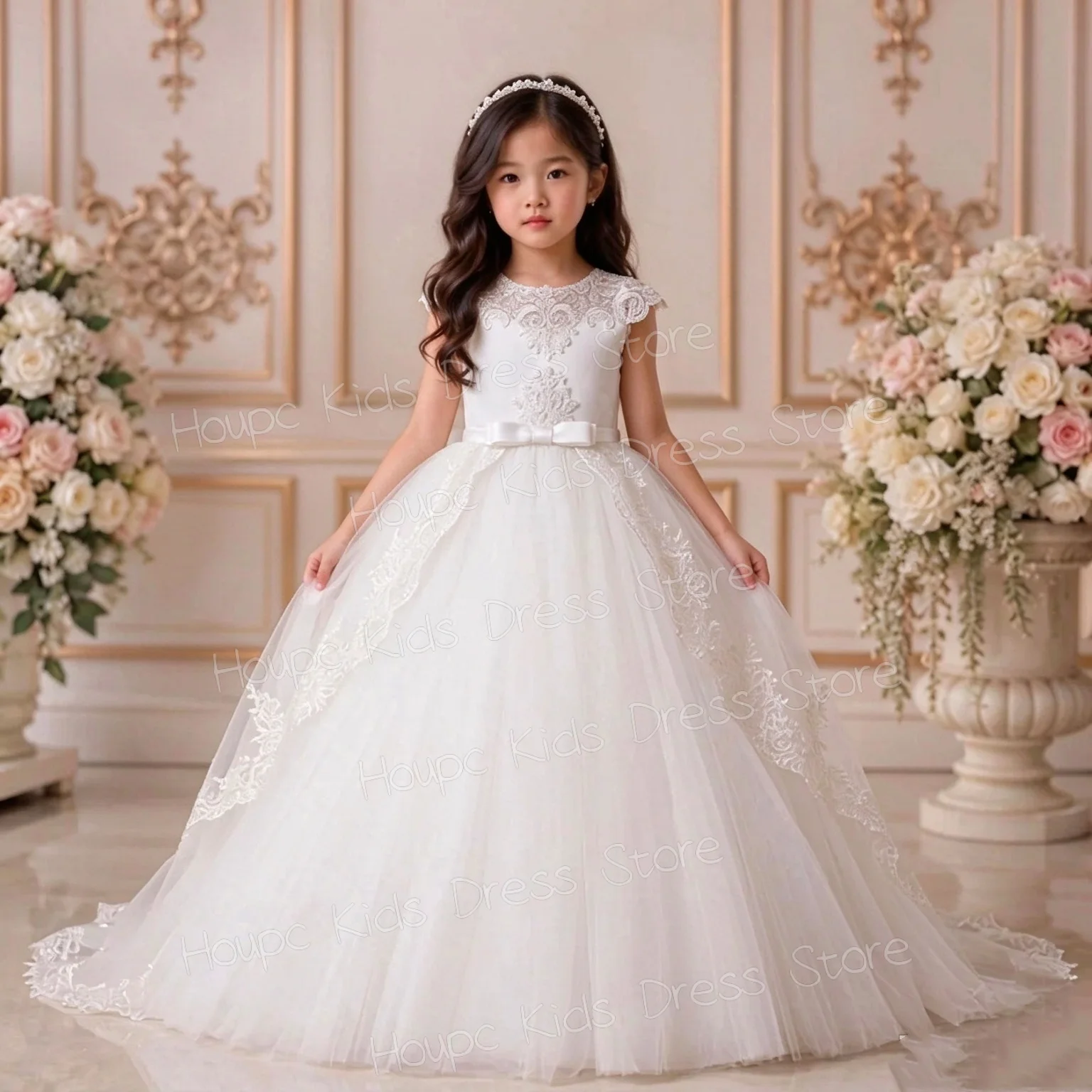Custom White Lace & Tulle Flower Girl Dress, Sleeveless with Floral Appliques for Wedding Birthday Party Kids Formal Wear
