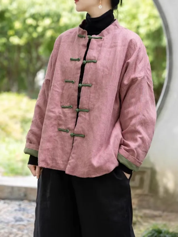 Retro Chinese Cotton Linen Striped Buttoned Thiened Winter Jaet Women's Loose Warm ort Coat Long Sve Stand Collar