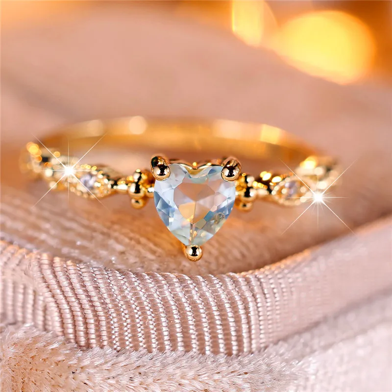 Cute Female Water Blue Zircon Stone Ring Trendy Yellow Gold Color Heart Engagement Bride Wedding Jewelry For Women