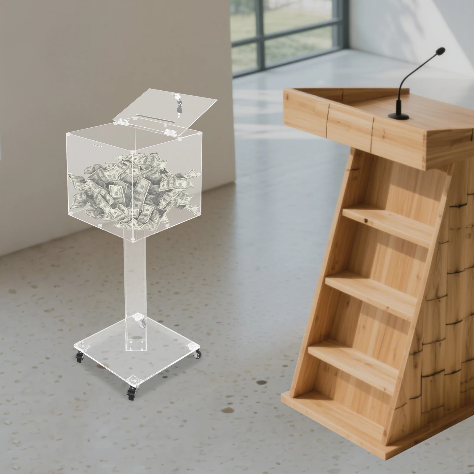 Freestanding Lockable Acrylic Box with Casters, Multi-Purpose Collection Box for Office Suggestions, Election Votes, Event Sign-Up, Church Donations, Charity Fundraising, Raffles and Home Mails