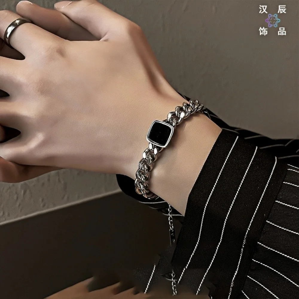 Retro Quadratischer Schwarzer Edelstein Herrenarmband Hip-Hop Dicke Kette Edelstahlarmband Einfache Kubanische Kette Schmuckzubehör – Detail 1