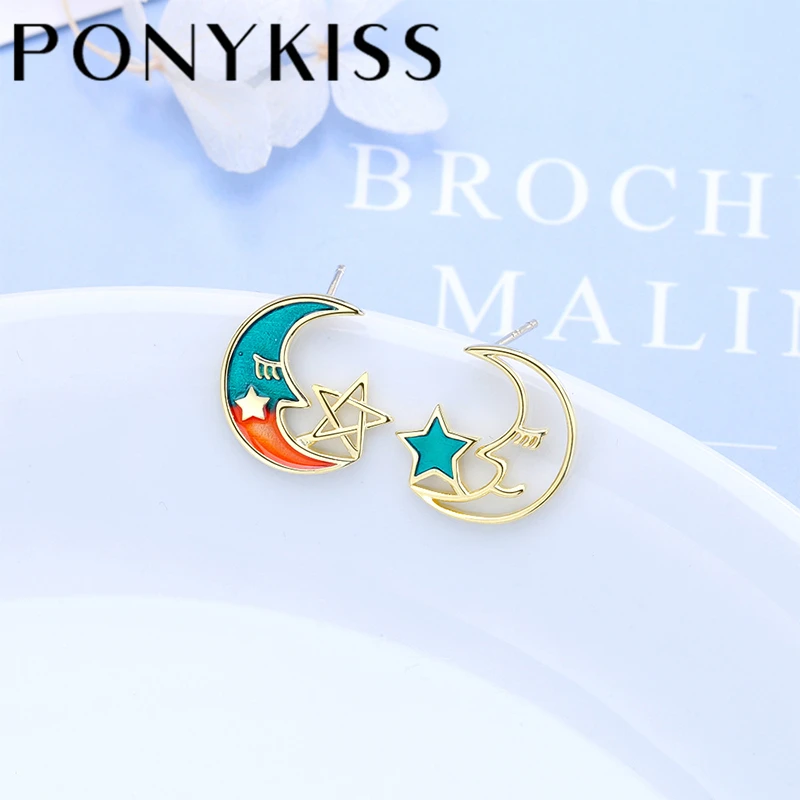 PONYKISS Trendy 925 Sterling Silver Lonely Gradient Star Moon Stud Earrings for Women Cute Birthday Fine Jewelry Drop Shipping