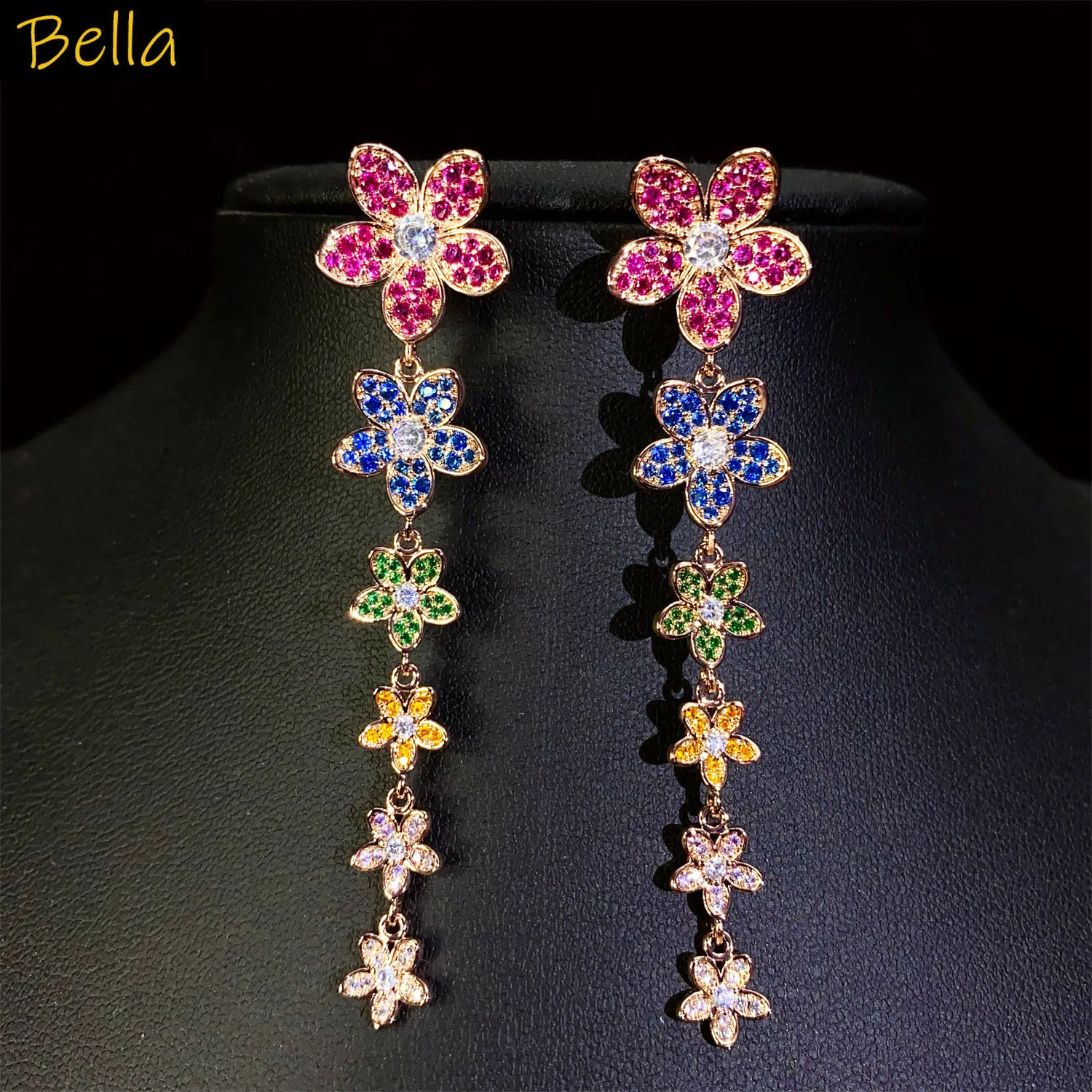 

multicolor zirconia flower earrings long pendant jewelry wedding bride silver color earrings sweet gift anniversary female