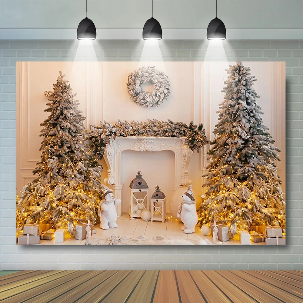 Winter Christmas Tree Fireplace Photography Background Wreath Gift Decoration Backdrops for Photo Studio Backdrop Photocall image 4
