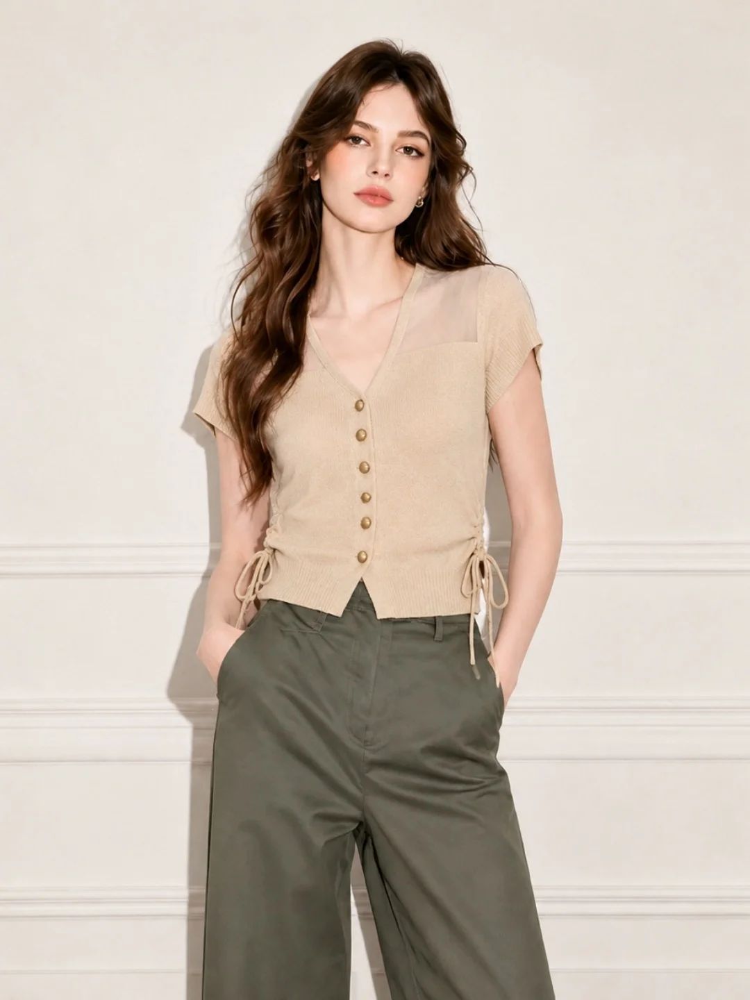 Silk Knitted V-Neck Short Sleeve Top with Drawstring Waist Single Button Design Summer New Style Korean Straight Cut Women's ...