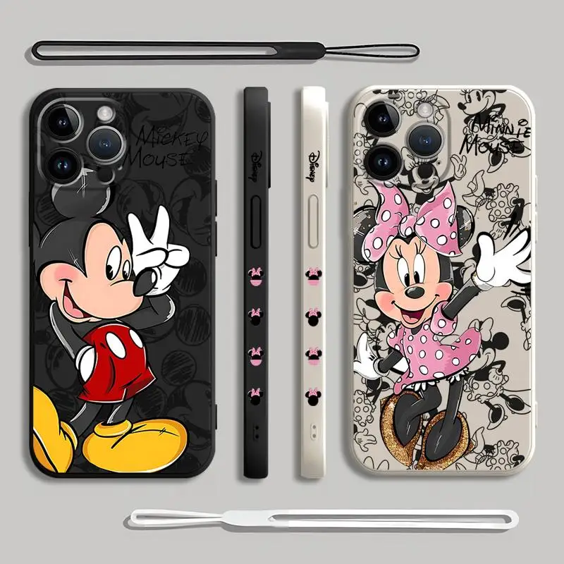 Disney Mickey Minnie Mouse Phone Case for Apple iPhone 8 7 13 Pro 12 Mini 15 Plus XS Max 14ProMax XR 11 SE With Lanyard Cover