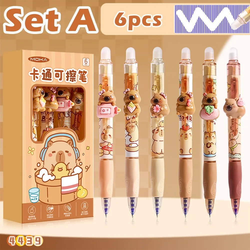 

6pcs/Set Cartoon Blue Ink Erasable Pen 0.5mm ST Tip Stationery Pen Gel Pen Capybara Wriitng Pen Back To School