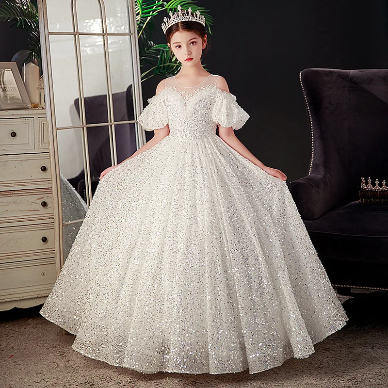 2025 New Children's Formal Dress Princess Gown White Sequin Off-Shoulder Host Girl Catwalk Performance Costume Summer