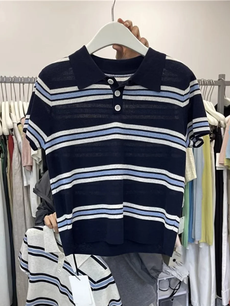 

Korean Chic Retro Striped ort Sve Ne Ice Silk Knitted Top Women Summer oulder Width Regular Length T-irt