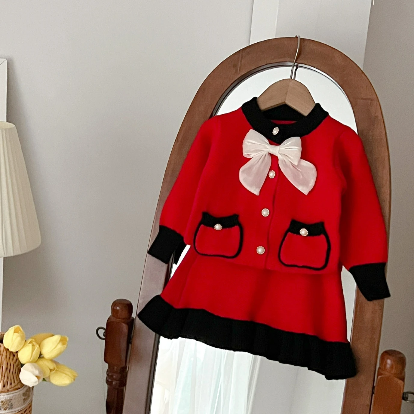 Girls' Autumn Outfit New Bow Temperament Style Children's Set Baby Knitted Cardigan with Pocket + Skirt Two-piece Set 2-6Y