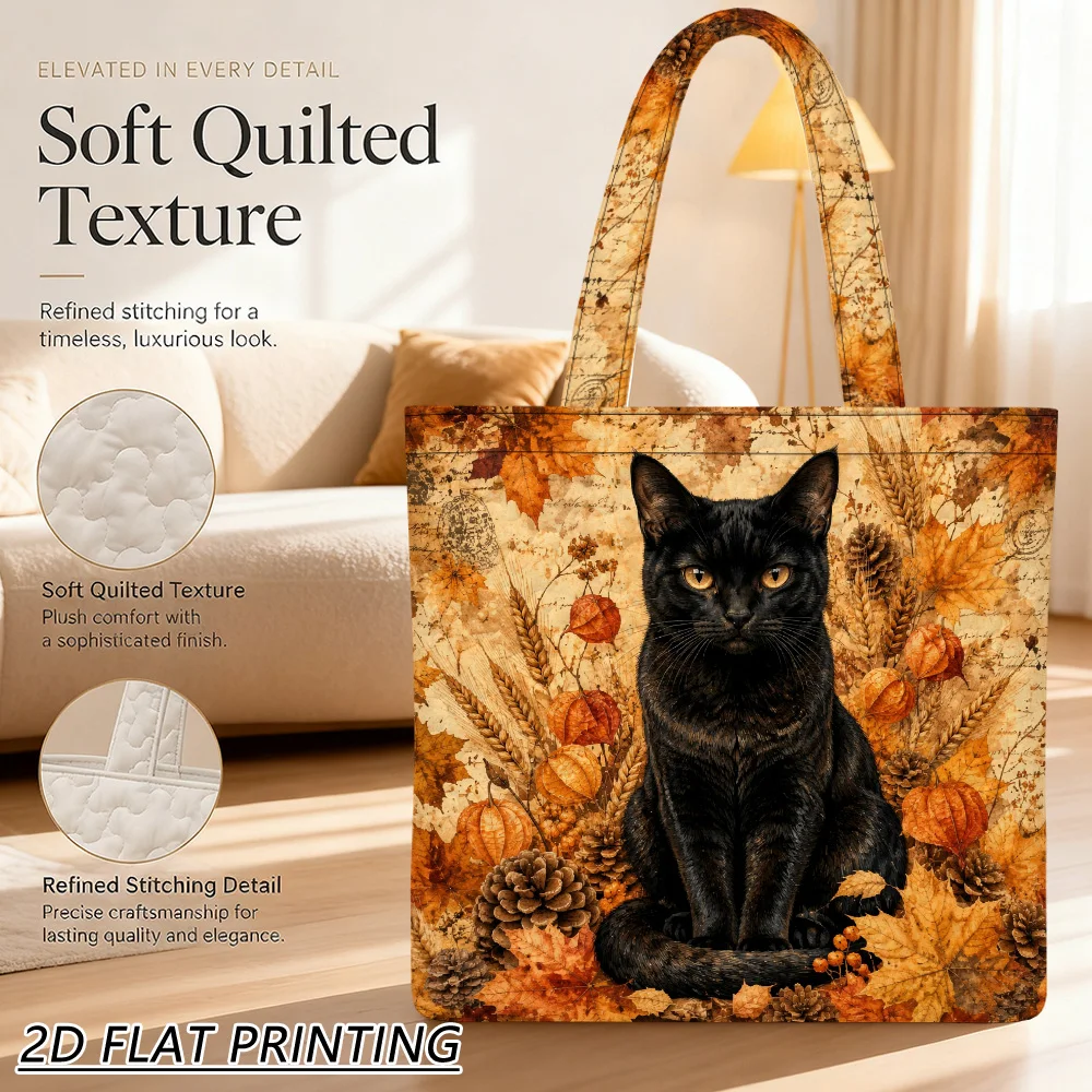 1pc Black cat autumn still Quilted Women'S Shoulder Bag, Fine Crafts, Spacious Interior For Holiday Gifts And Daily