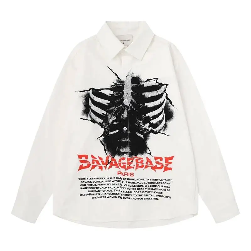 Skeleton Graphic Print Button Up Shirt Men's Loose Cut Long Sleeve Blouse Vintage American Style Casual Street Wear NBT8