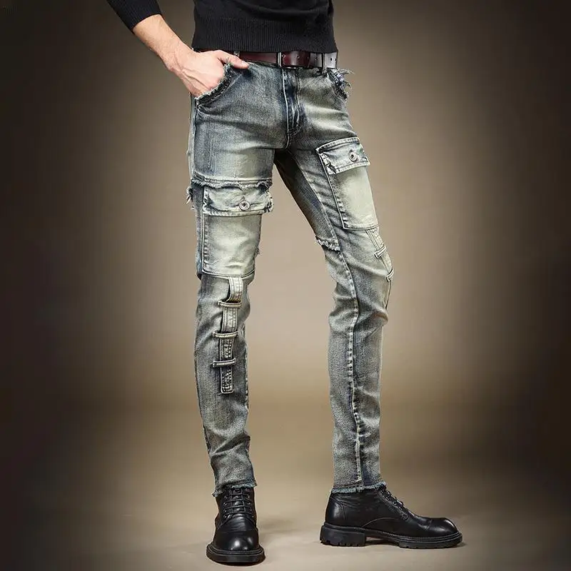 European and American Retro Heavy Industry Washed Tooling Jeans Men's Autumn and Winter Scratch and Grind Slim Fit Casual Pants