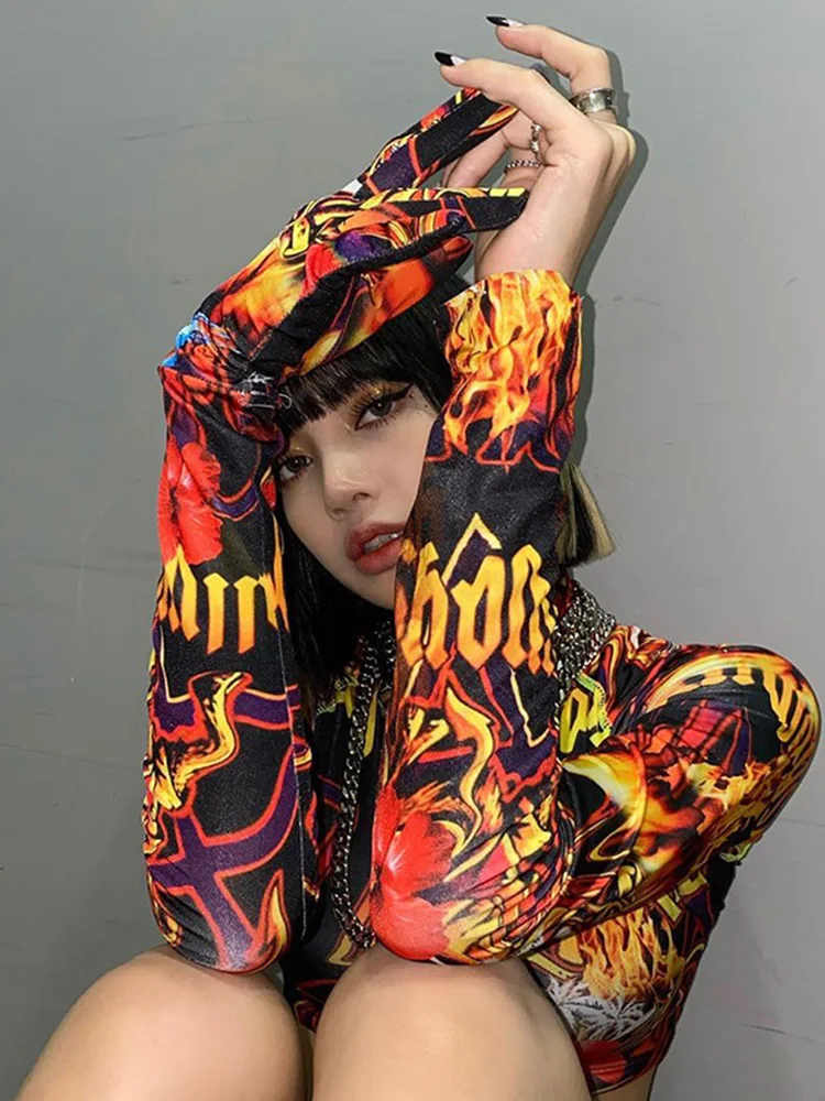 Y2k Long Sleeve Gloves T Shirt Egirl Anime Fire Flame Pattern Printed Crop Top Turtleneck Bodycon Sexy Fairycore Tees Nightclub