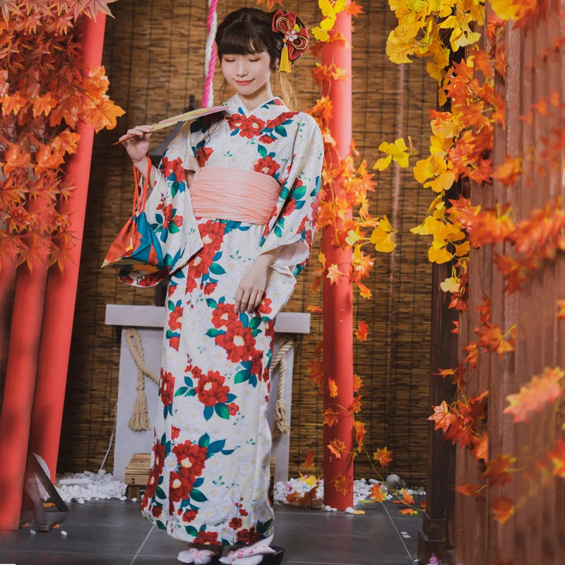 

Japan Style Women's Traditional Kimono Set Modernized Easy-to-Wear Floral Yukata Stage Performance Dress Cosplay Costume