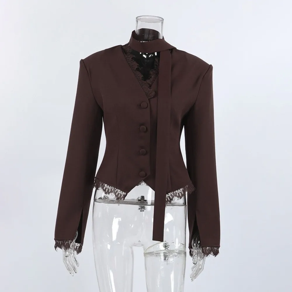New V Neck Women Lace Blazer White Tone Waist Taper Ladies Suit Jacket Lace Weave Fall Season Formal Coat Business Meeting