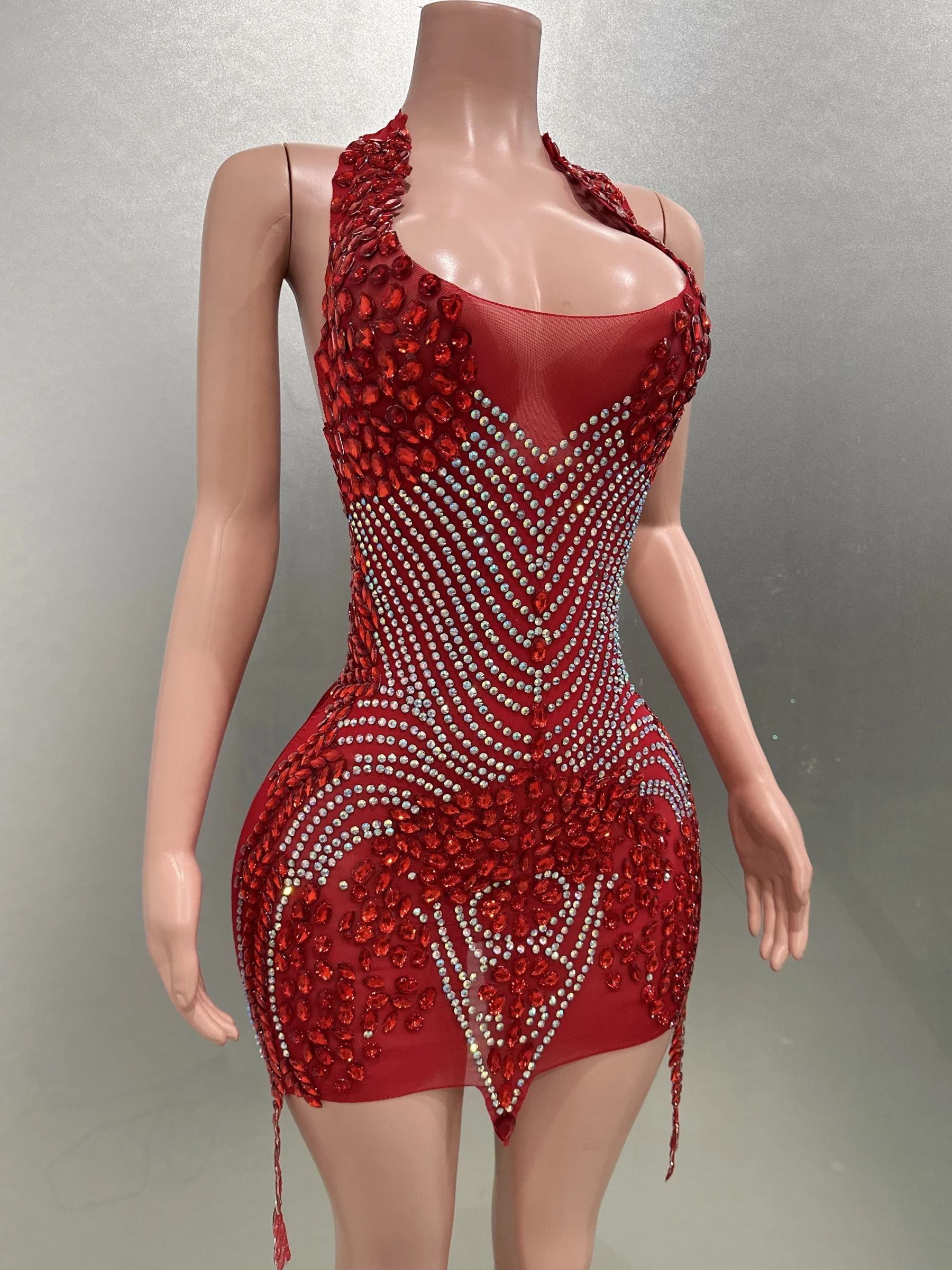 Flashing Rhinestones Diamonds Red Sexy See-Through Halter Sheath Dress Bar Nightclub Evening Party Celebrate Birthday Dress